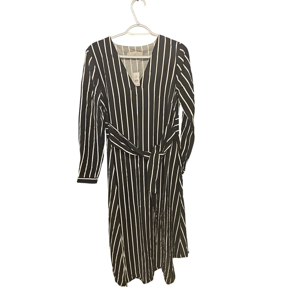 Women's Dress Stripe Tie Waist Midi Dress‎ by LOFT Size 6 Minimalist NWT